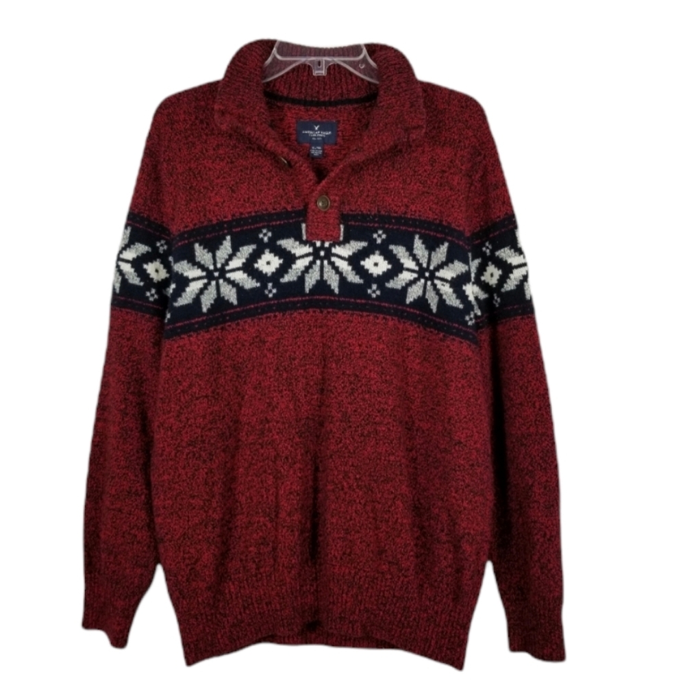 American Eagle  Henley Sweater Collar Button Nordic Snowflake Cotton Men's Sz XL